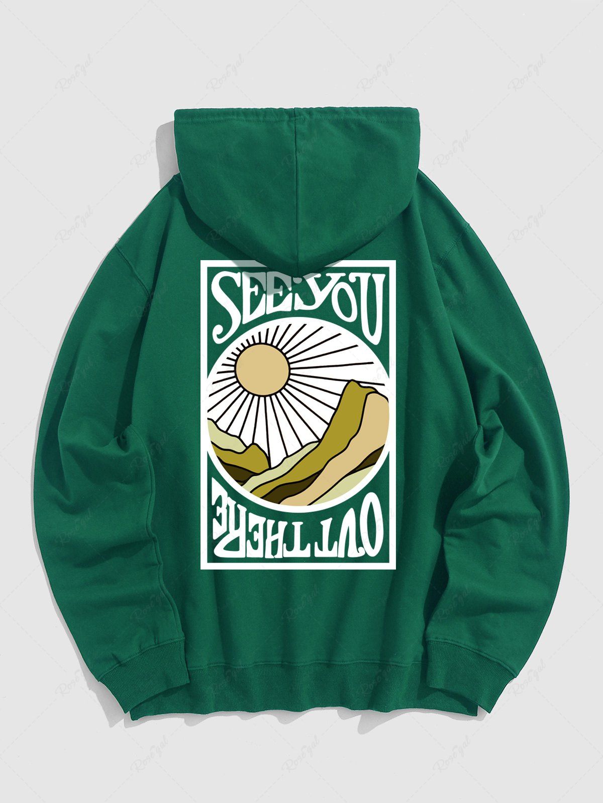 Affordable Men's SEE YOU Letter Sun Mountain Pattern Kangaroo Pocket Cotton Pullover Hoodie  