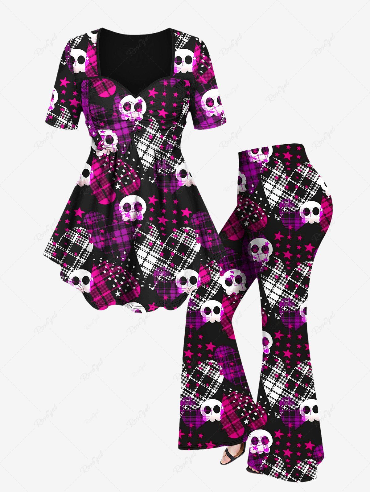Affordable Plus Size Plaid Heart Cute Skull Stars Printed Ruched T-shirt and Flare Pants 70s 80s Outfit  