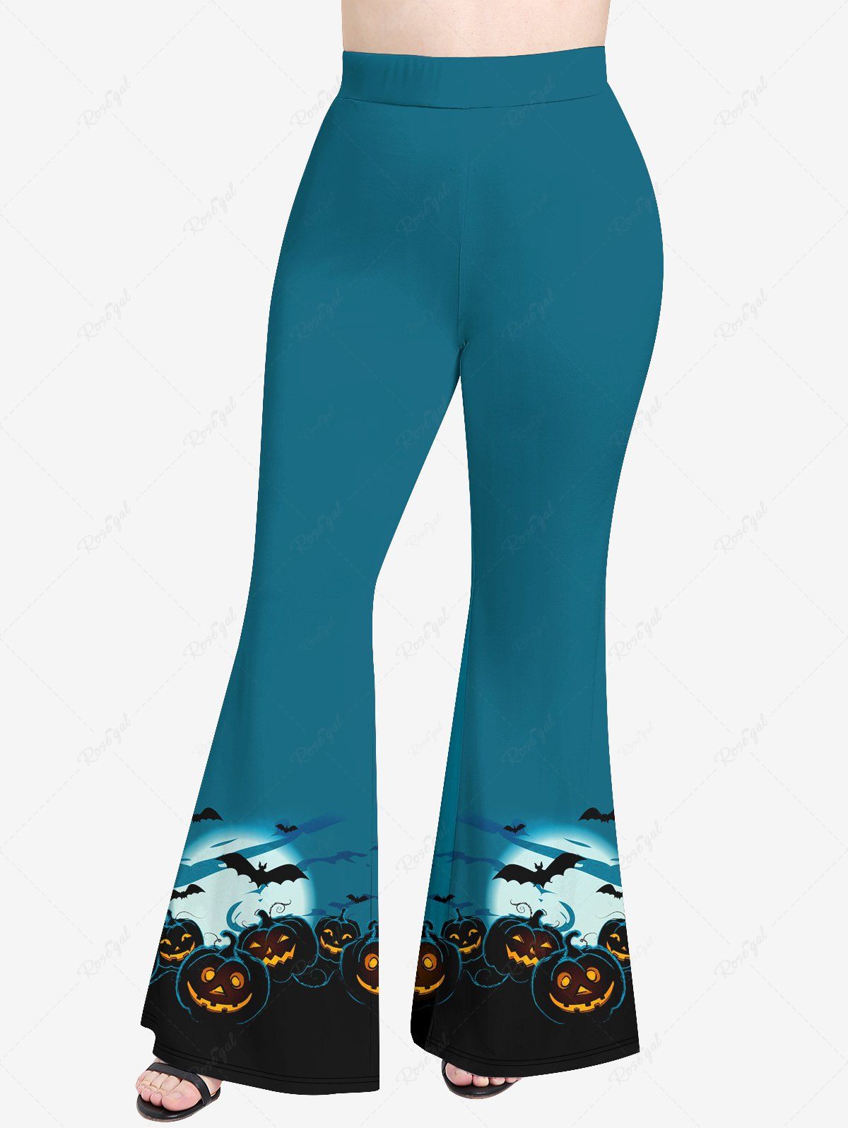 Pantalon Évasé à Imprimé Citrouille et Chauve-Souris D'Halloween Grande-Taille Bleu 6X