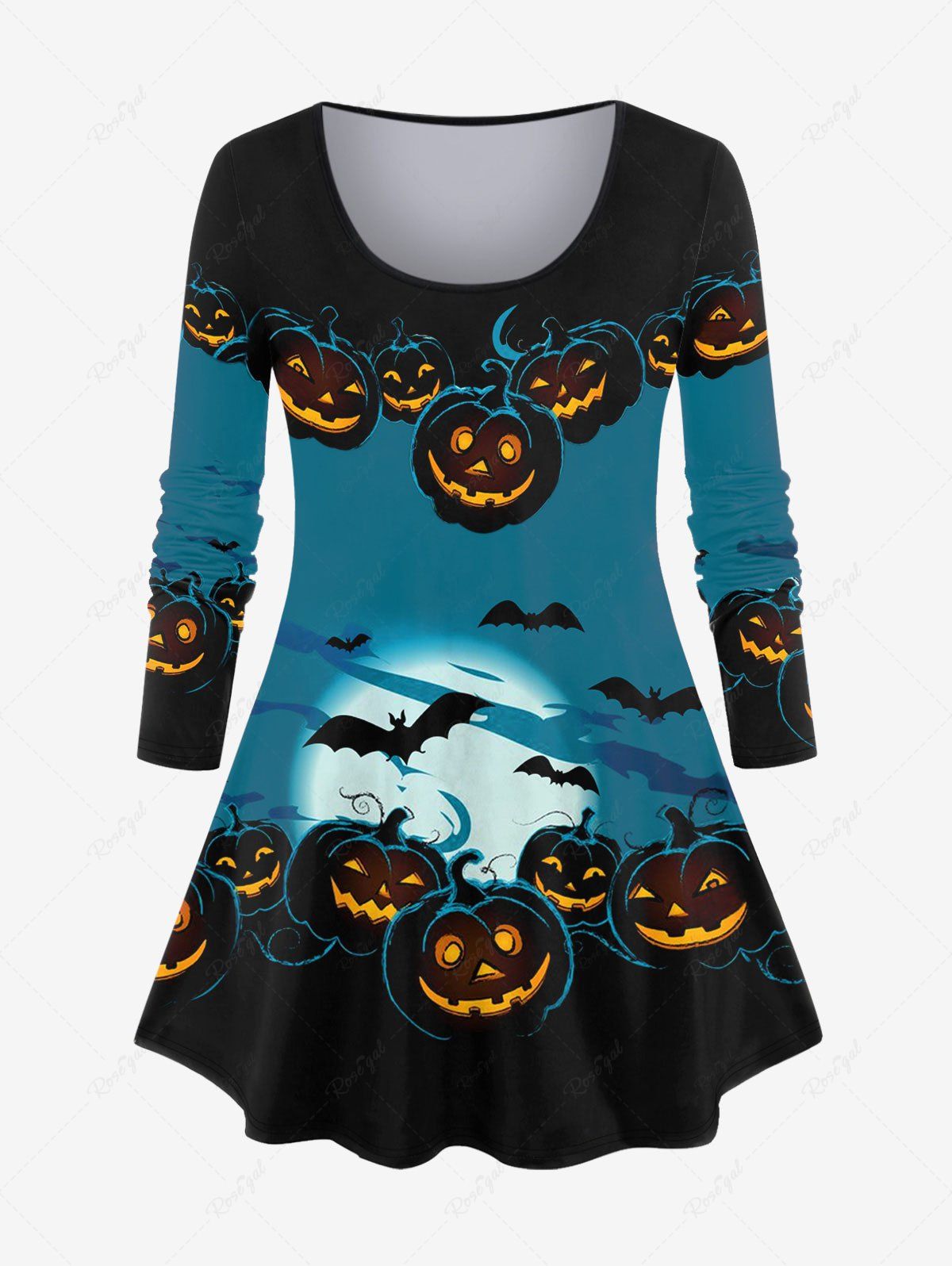 Outfits Plus Size Halloween Colorblock Pumpkin Bat Moon Print T-shirt  