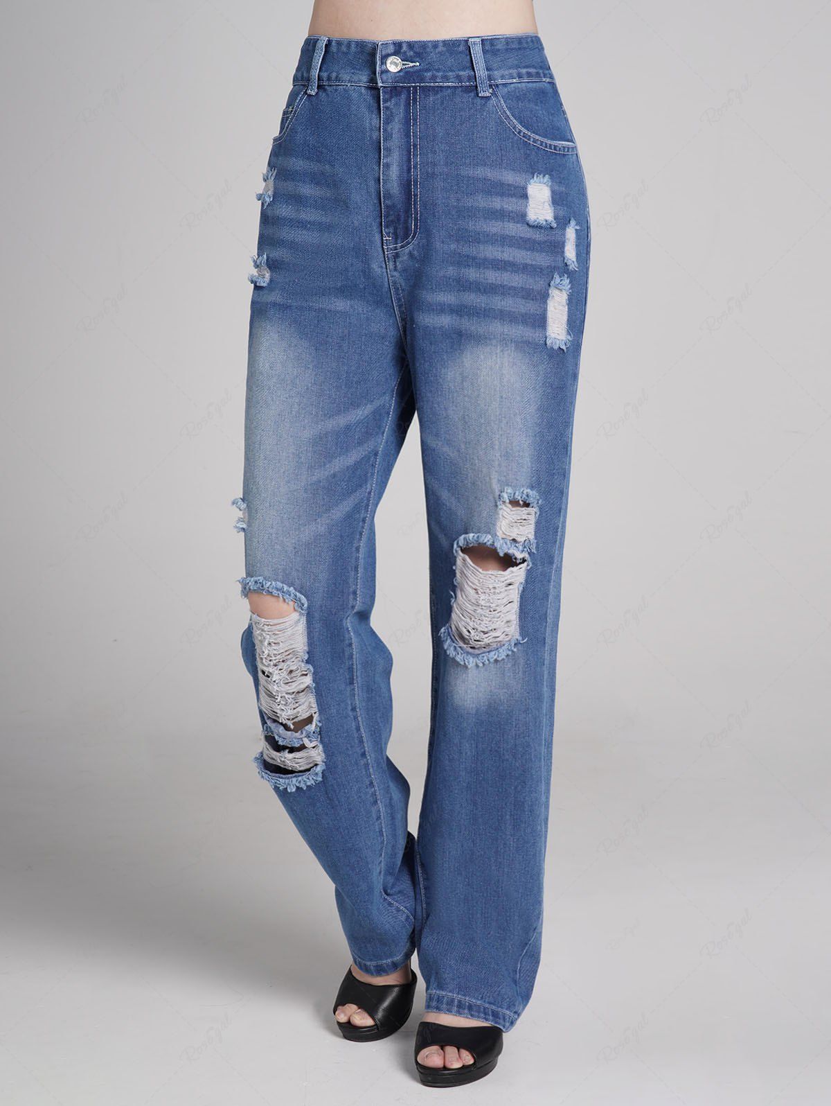 Shops Ripped Middle Waist Pockets Casual Denim Jeans  