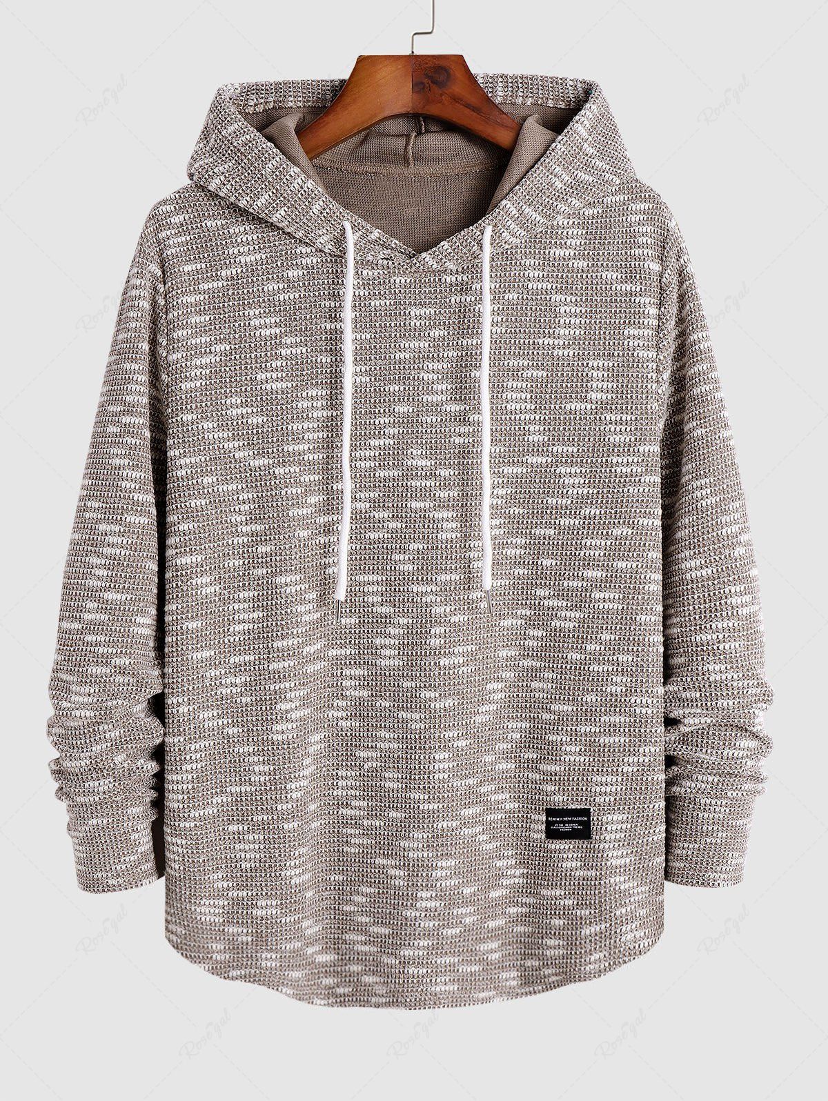 Unique Men's Daily Crochet Knit Heathered Jacquard Textured Letter Patched Design Drawstring Slim Hoodie  