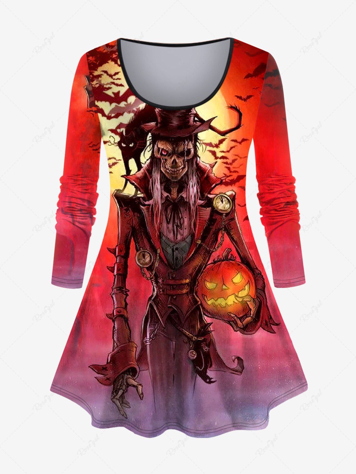 T-shirt D'Halloween Croisé Chat Citrouille Crâne et Chauve-souris Imprimés de Grande Taille Rouge 6X