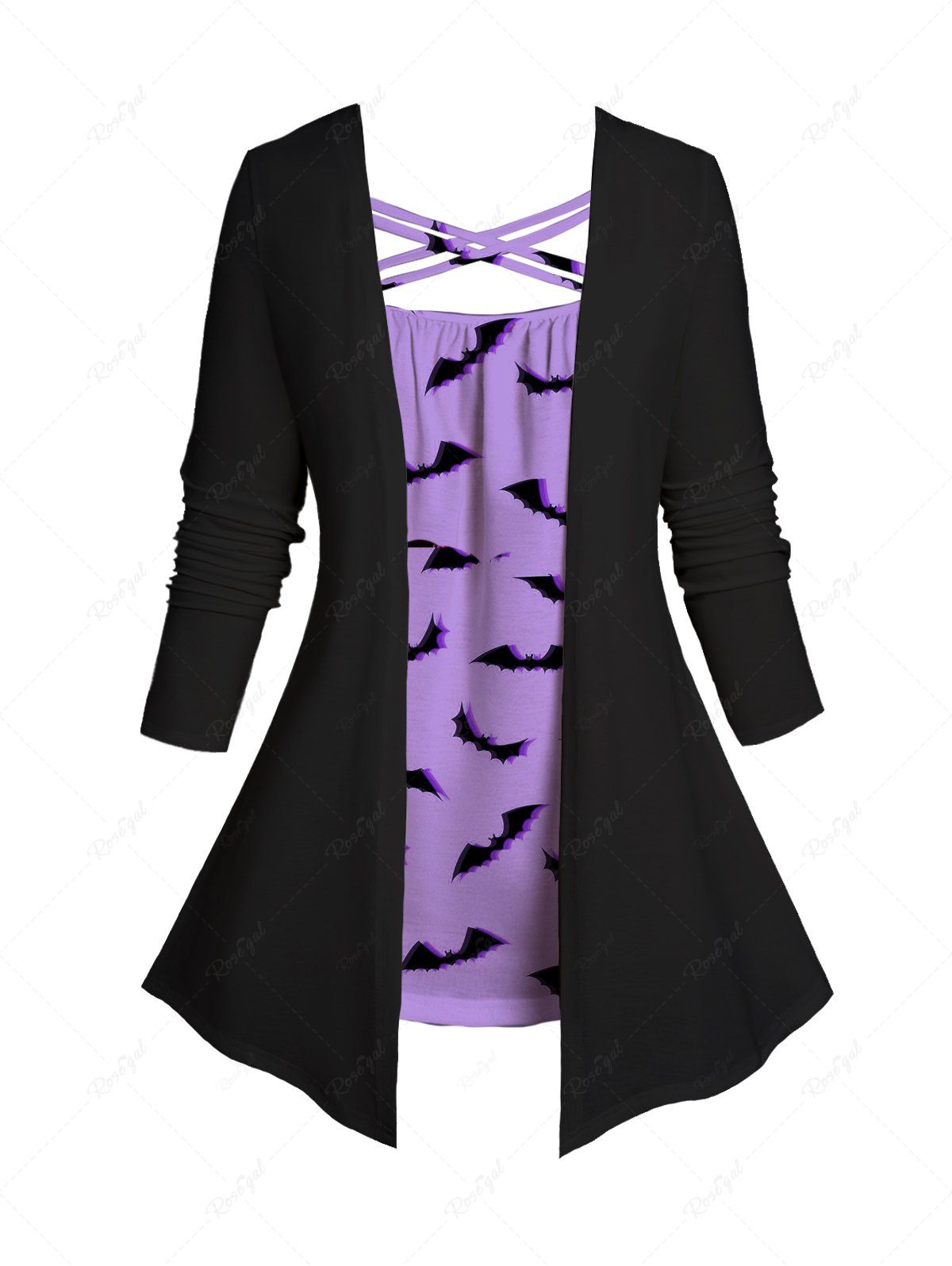 Shops Plus Size Halloween Bat Print Crisscross Faux Twinset Top  