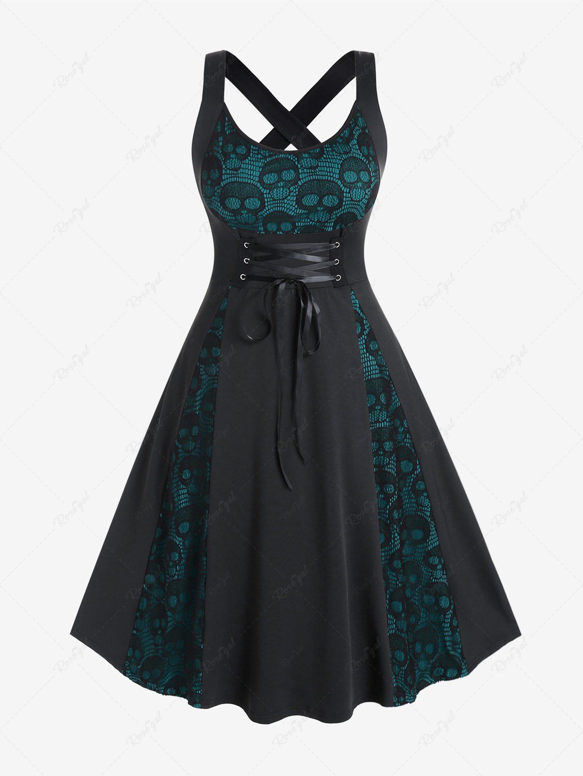 Trendy Gothic Crisscross Skull Lace Midi Flare Dress  