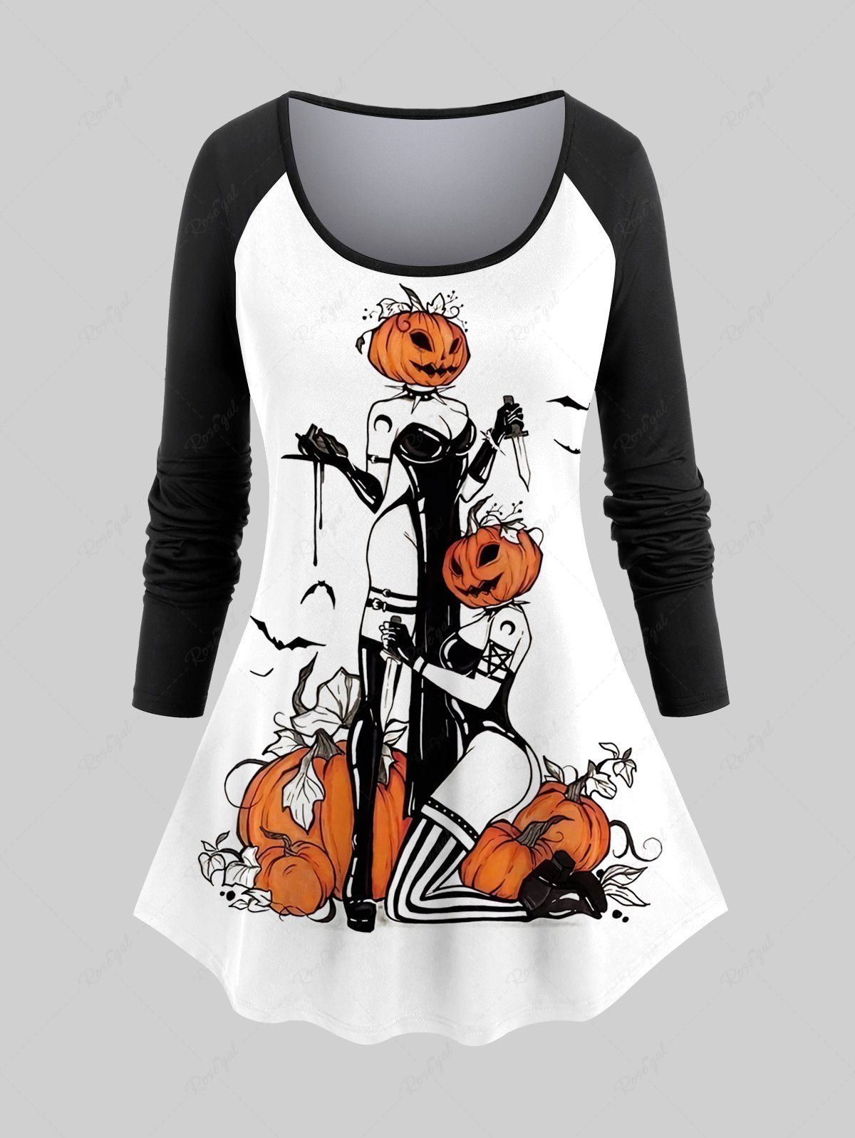 T-shirt D'Halloween Citrouille et Chauve-souris Imprimés à Manches Raglan de Grande Taille Blanc 6X
