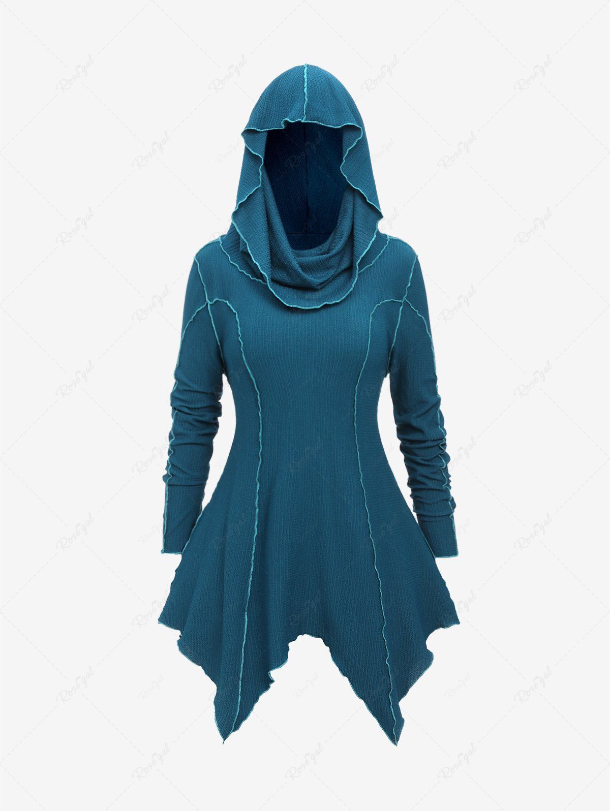 Latest Plus Size Seamed Topstitching Asymmetrical Hem Cowl Neck Hooded Top  
