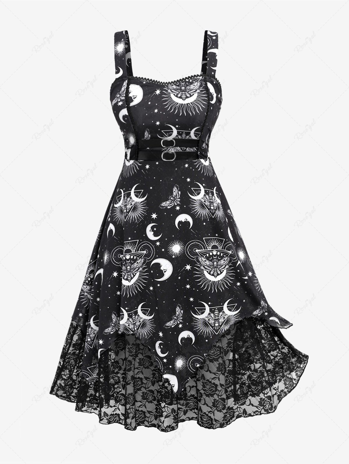 Unique Plus Size Skull Butterfly Moon Star Sun Print Lace Trim Buckle Tank Dress  