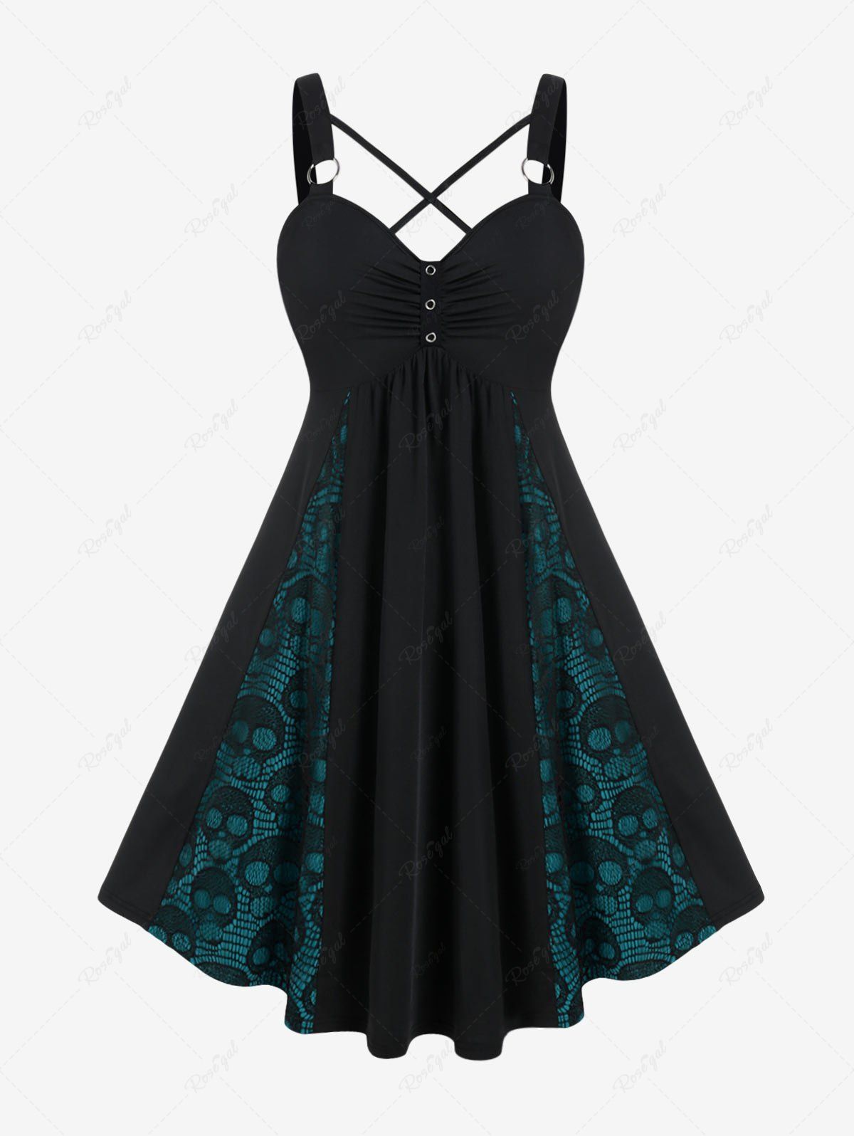 Online Plus Size Skull Fishnet Panel Ruched Crisscross O-Ring Buckle Dress  