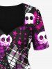 Plus Size Plaid Heart Cute Skull Stars Printed Ruched T-shirt and Flare Pants 70s 80s Outfit -  