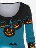 Plus Size Halloween Colorblock Pumpkin Bat Moon Print T-shirt -  