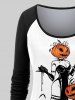 T-shirt D'Halloween Citrouille et Chauve-souris Imprimés à Manches Raglan de Grande Taille - Blanc 6X