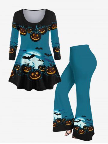 Halloween Colorblock Pumpkin Bat Moon Printed T-shirt and Flare Pants Plus Size Matching Set - BLUE