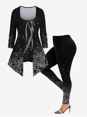 Crown Leaf Glitter Sparkling Printed Patchwork 2 in 1 T-shirt and Skinny Leggings Plus Size Matching Set - BLACK