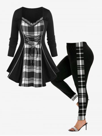 Checked Lace-up Lace-trim Long Sleeve Top and Plaid Colorblock Leggings Plus Size Outfit