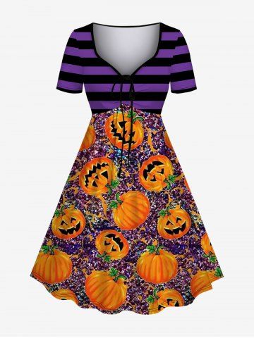 Plus Size Halloween Stripes Pumpkin Sparkling Sequin 3D Print Cinched Dress - ORANGE - S