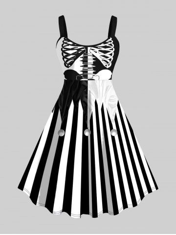 Robe D'Halloween Rayée Squelette Galet Imprimé de Clown Grande Taille - BLACK - XS