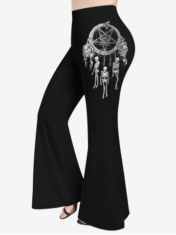 Plus Size Dreamcatcher Snake Spider Skeleton Print Halloween Flare Pants - BLACK - 1X
