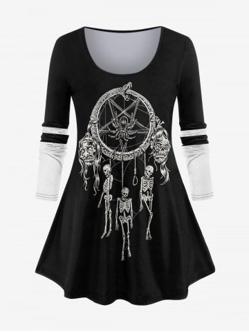 Plus Size Dreamcatcher Snake Spider Skeleton Print Halloween T-shirt - BLACK - 3X