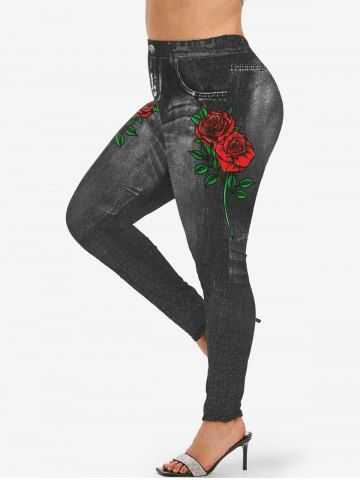Plus Size Rose Leaves Pockets Denim 3D Print Leggings - BLACK - S