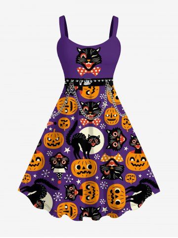 Plus Size Halloween Pumpkin Cat Grommets Chains 3D Print Tank Dress - PURPLE - S