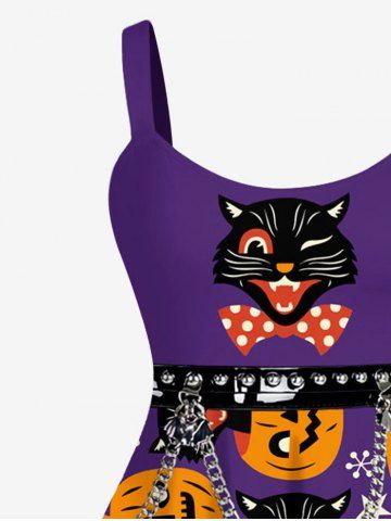 Plus Size Halloween Pumpkin Cat Grommets Chains 3D Print Tank Dress