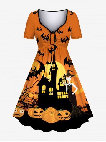 Plus Size Halloween Pumpkin Bat Moon Hat Girl Print Cinched Dress - ORANGE - 3X