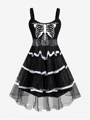 Plus Size Halloween Skeleton Stripe Mesh Layered Belt 3D Print Tank Dress - BLACK - 2X