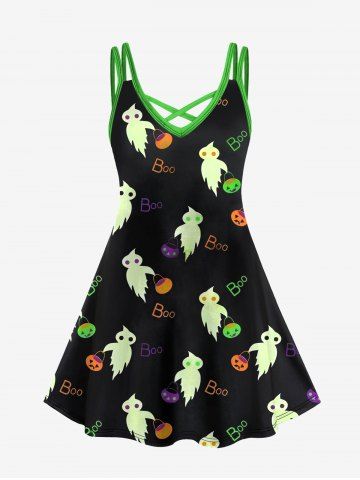 Plus Size Ghost Pumpkin Letters Print Crisscross Halloween Cami Dress - GREEN - XS
