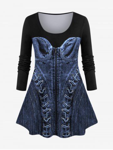 Plus Size 3D Denim Lace Up Zipper Print Patchwork Long Sleeves T-shirt - DEEP BLUE - XS