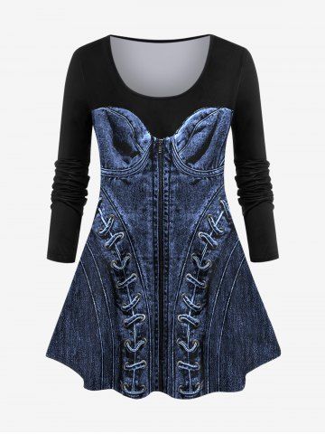 Plus Size 3D Denim Lace Up Zipper Print Patchwork Long Sleeves T-shirt - DEEP BLUE - 3X