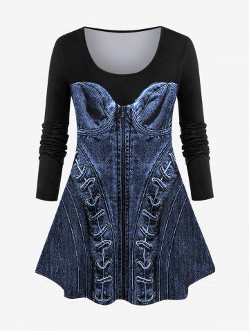 Plus Size 3D Denim Lace Up Zipper Print Patchwork Long Sleeves T-shirt - DEEP BLUE - 5X