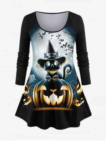 Plus Size Pumpkin Cat Bat Tree Print Glitter Halloween T-shirt - BLACK - 2X