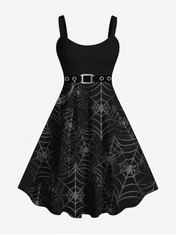 Plus Size Halloween Spider Web Grommets Buckle Chain 3d Print Tank Dress - BLACK - S