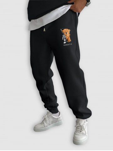 Men's Cartoon Bear ROBOTIC Graphic Pattern Fleece-lined Beam Feet Jogger Pants - BLACK - S