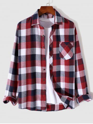 Men's Casual Colorblock Plaid Pattern Button Up Front Pocket Design Long Sleeves Shirt - RED - S