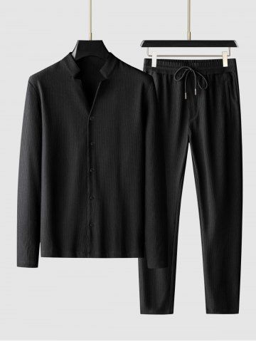 Men's Stand Collar Ribbed Jacquard Weave Button Front Long Sleeves Shirt and Straight Leg Drawstring Pants Set