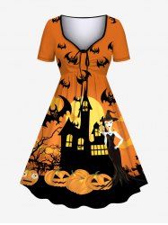 Plus Size Halloween Pumpkin Bat Moon Hat Girl Print Cinched Dress -  