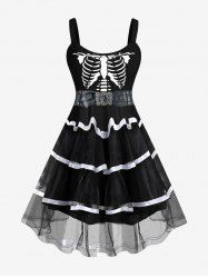 Plus Size Halloween Skeleton Stripe Mesh Layered Belt 3D Print Tank Dress -  