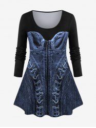 Plus Size 3D Denim Lace Up Zipper Print Patchwork Long Sleeves T-shirt -  