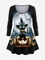 Plus Size Pumpkin Cat Bat Tree Print Glitter Halloween T-shirt -  