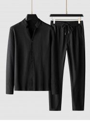 Men's Stand Collar Ribbed Jacquard Weave Button Front Long Sleeves Shirt and Straight Leg Drawstring Pants Set -  