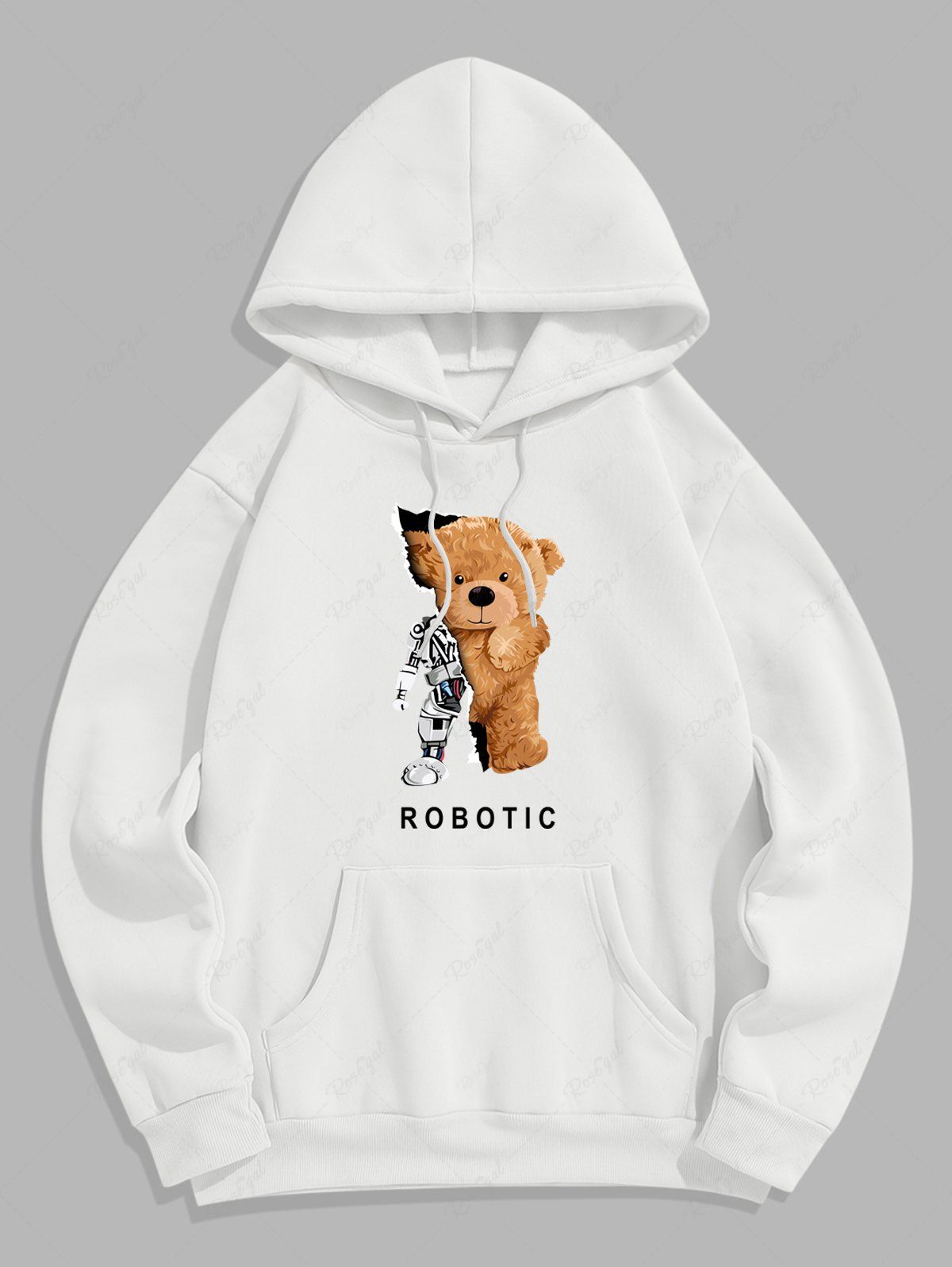 Sale Men's Cartoon Bear ROBOTIC Graphic Pattern Fleece-lined Kangaroo Pocket Pullover Hoodie  