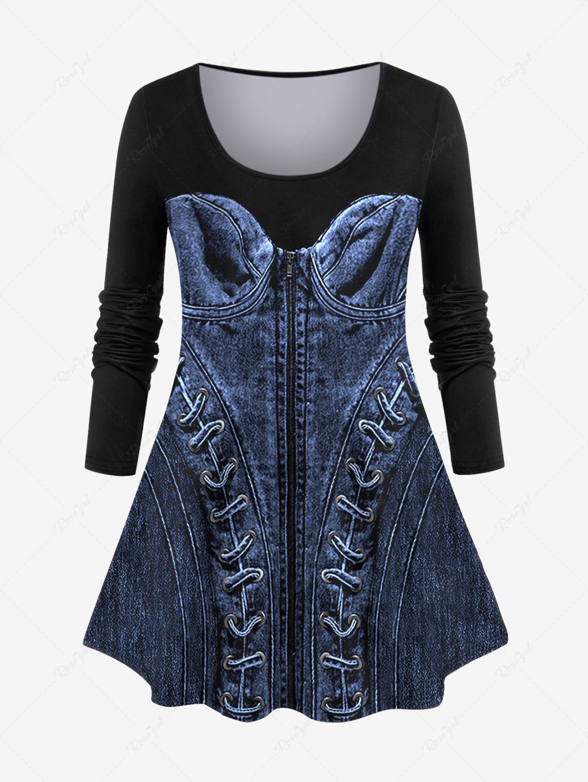 Store Plus Size 3D Denim Lace Up Zipper Print Patchwork Long Sleeves T-shirt  