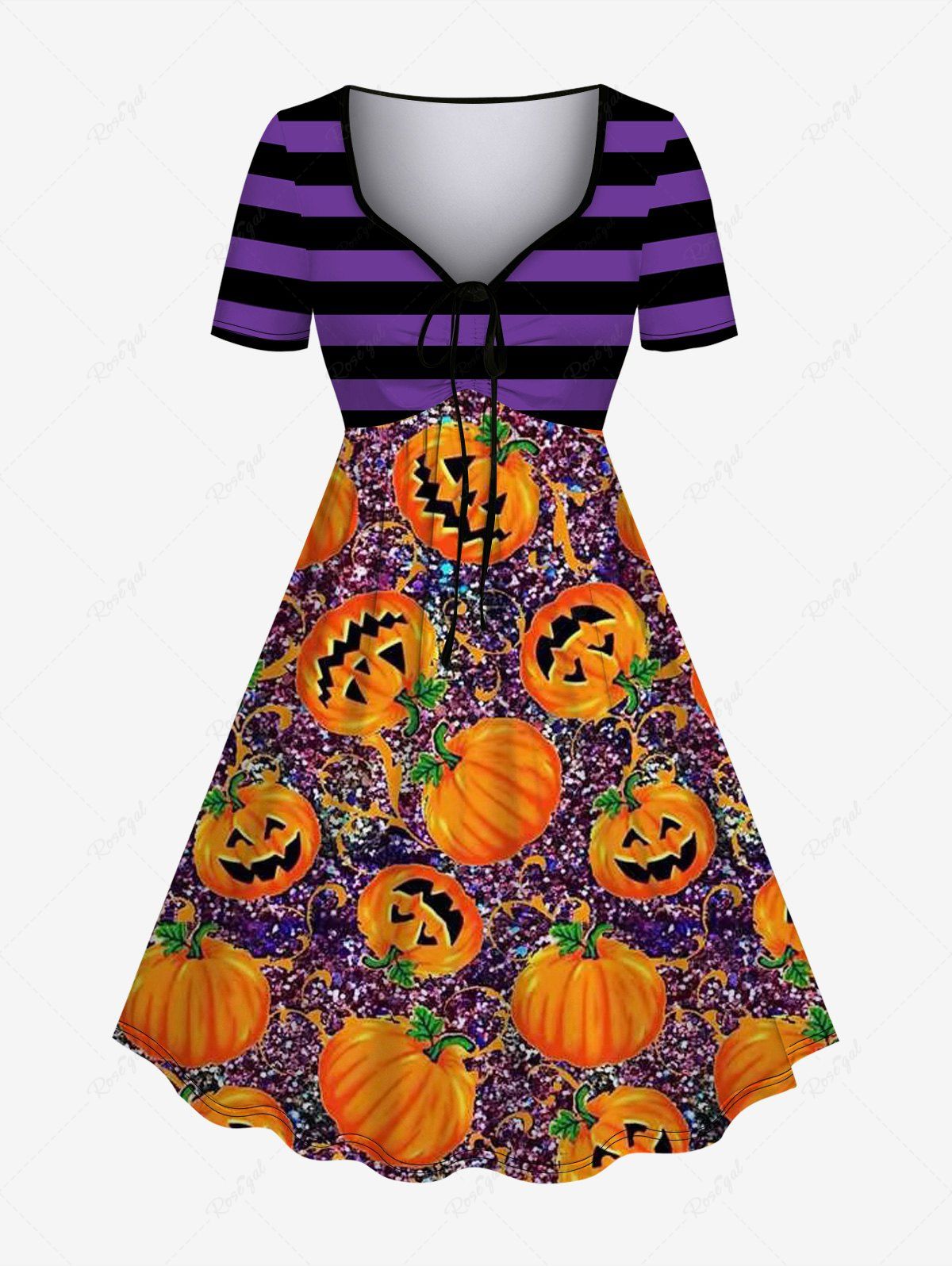 Trendy Plus Size Halloween Stripes Pumpkin Sparkling Sequin 3D Print Cinched Dress  