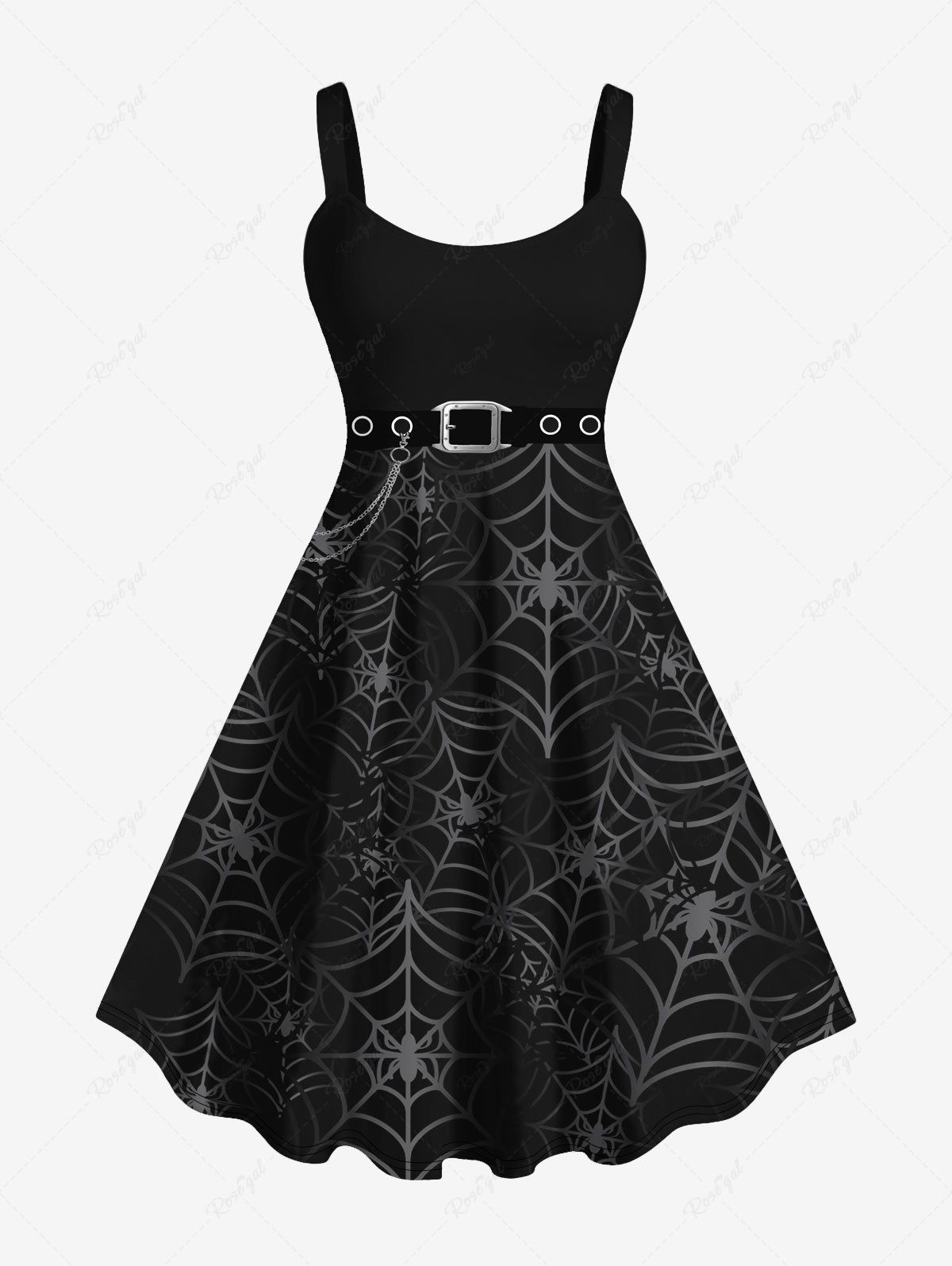 Trendy Plus Size Halloween Spider Web Grommets Buckle Chain 3d Print Tank Dress  