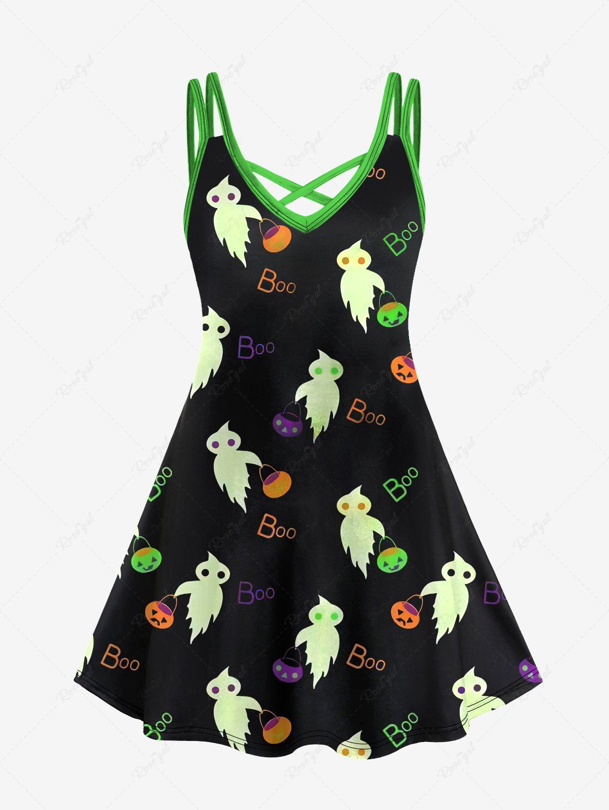 Plus Size Ghost Pumpkin Letters Print Crisscross Halloween Cami Dress Vert 6X