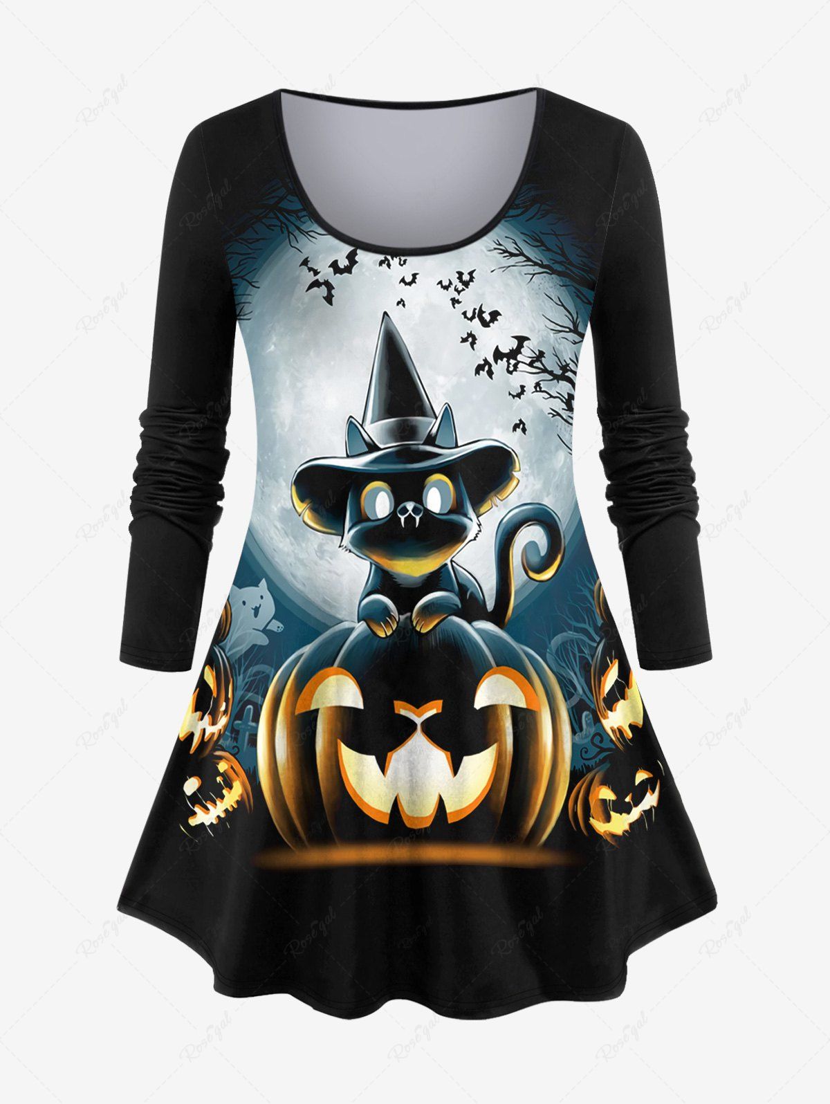Outfit Plus Size Pumpkin Cat Bat Tree Print Glitter Halloween T-shirt  