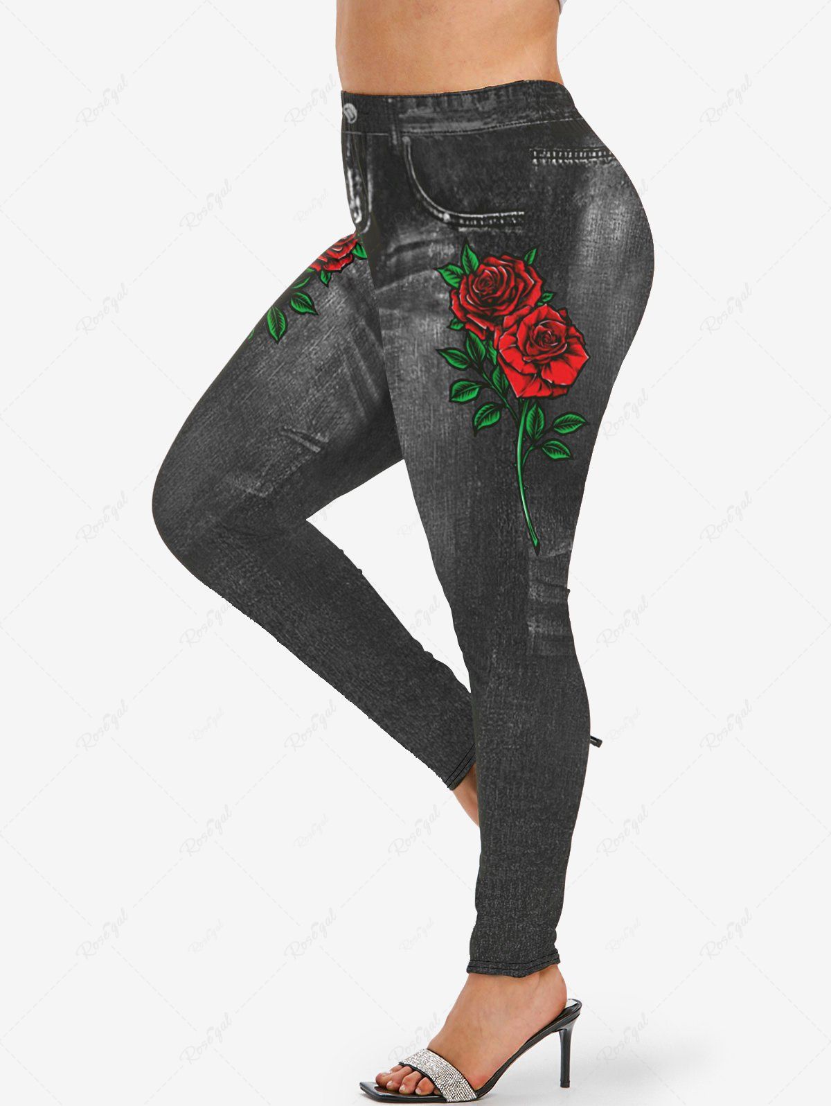 Best Plus Size Rose Leaves Pockets Denim 3D Print Leggings  