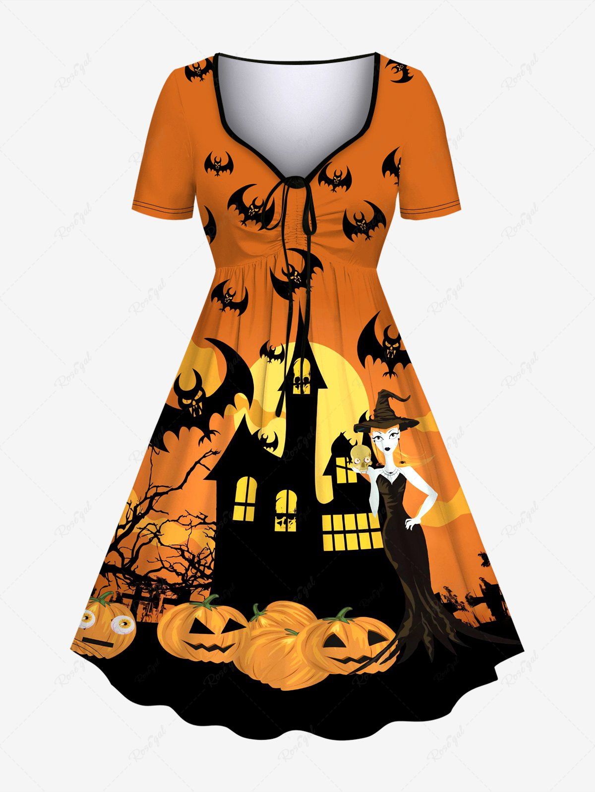 New Plus Size Halloween Pumpkin Bat Moon Hat Girl Print Cinched Dress  